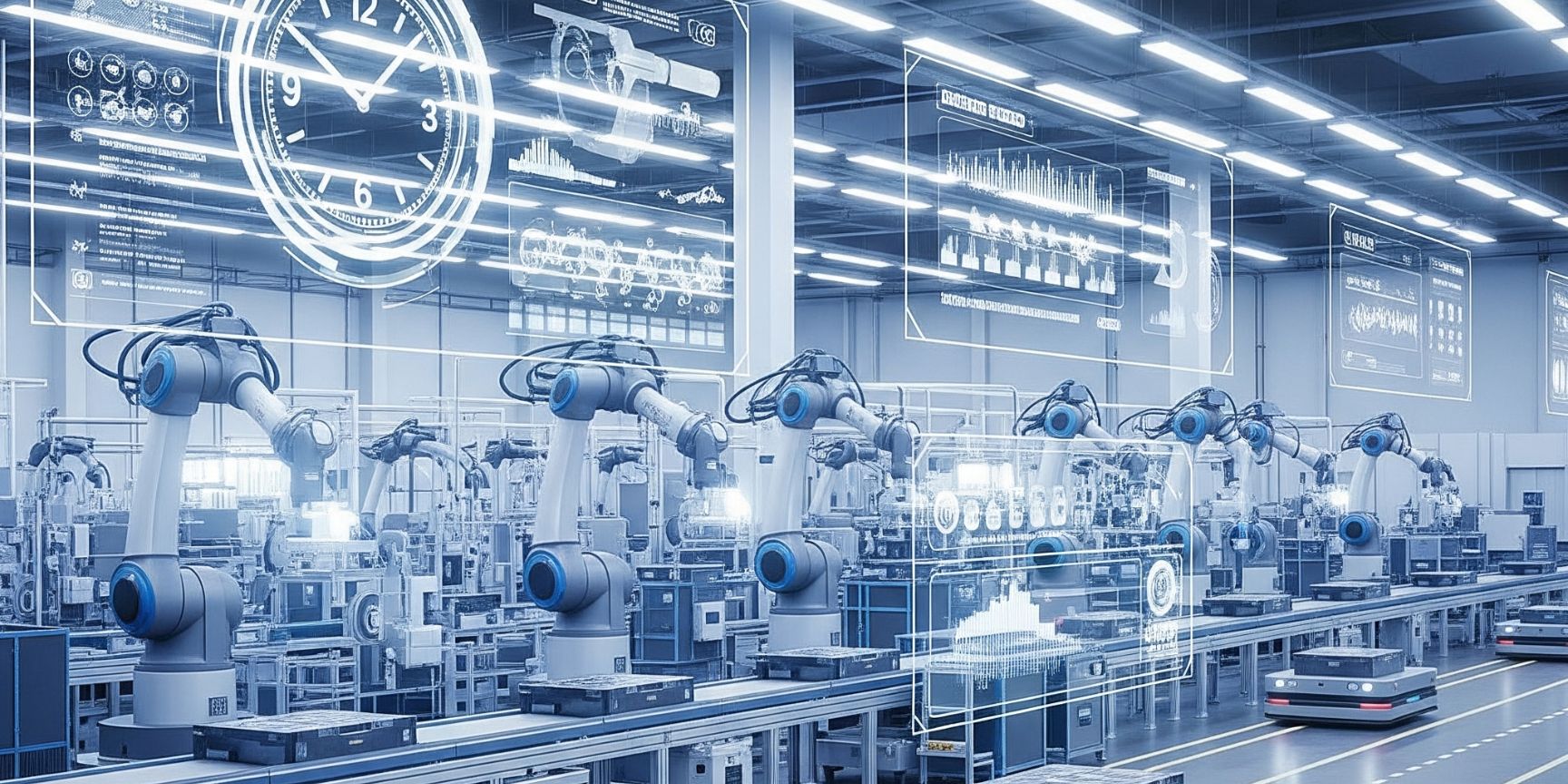 Modern production line with automated processes and automated guided vehicles (AGVs), supplemented by digital overlays (e.g. clock, data streams)
